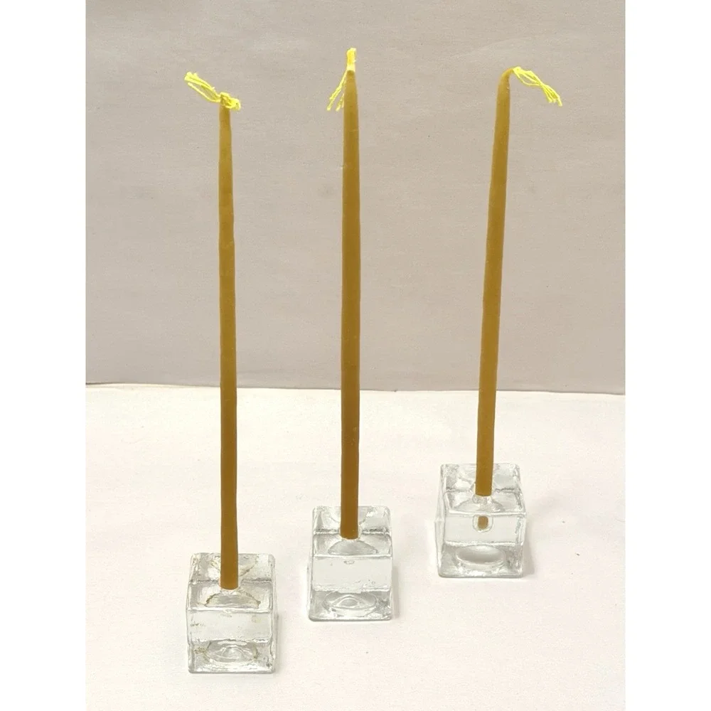Art Glass VTG Cube Candle Holder Taper Mini Beeswax Candles MCM 3PC Set Findland